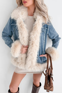 Daring Daily Faux Fur Trim Denim Coat (Blue/Beige)