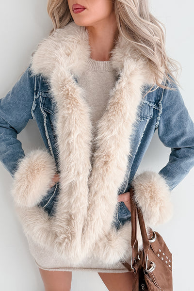 Daring Daily Faux Fur Trim Denim Coat (Blue/Beige)
