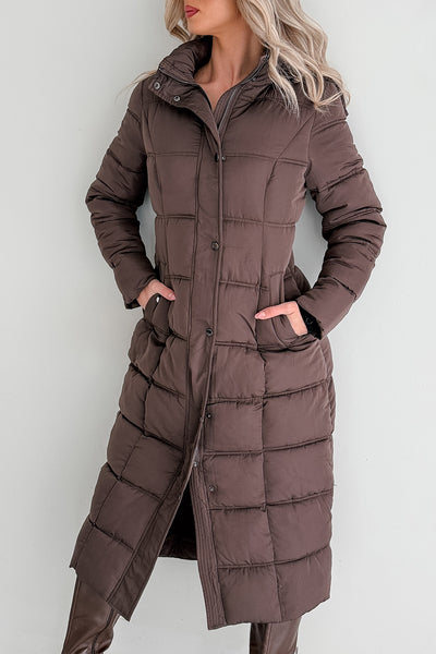 Winter Welcome Knee Length Puffer Coat (Chocolate)