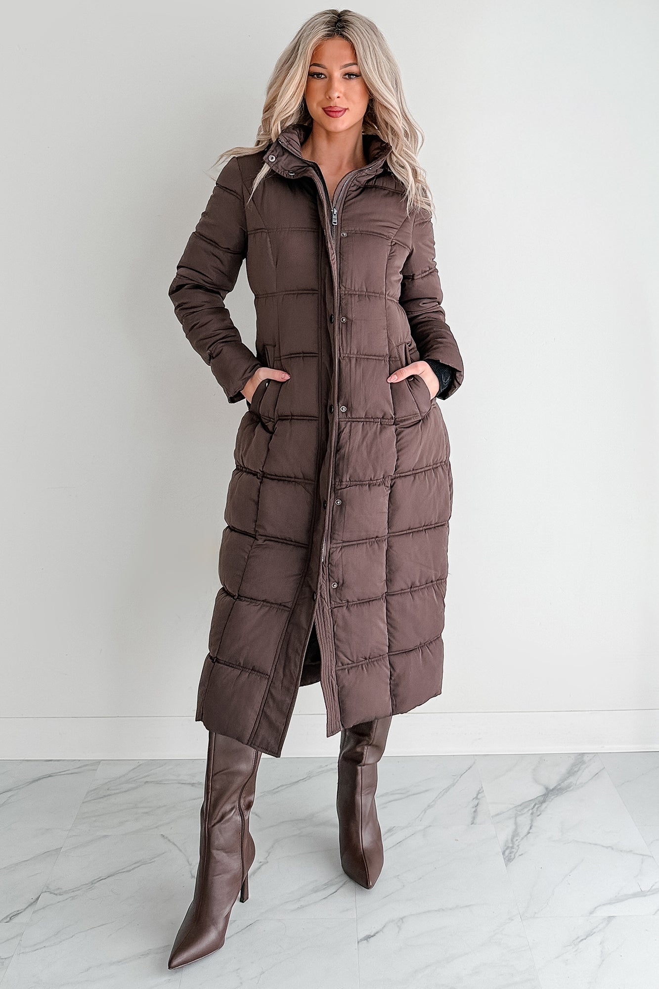 Winter Welcome Knee Length Puffer Coat (Chocolate)