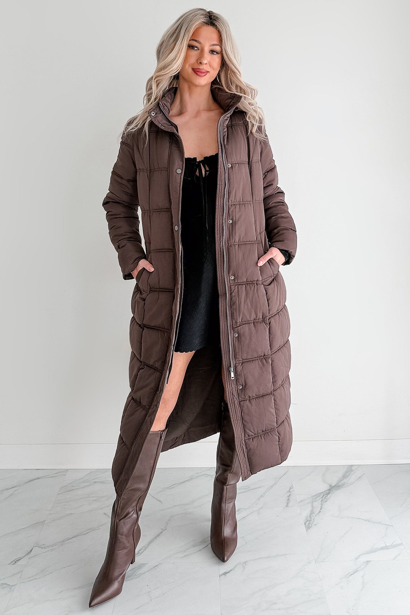 Winter Welcome Knee Length Puffer Coat (Chocolate)