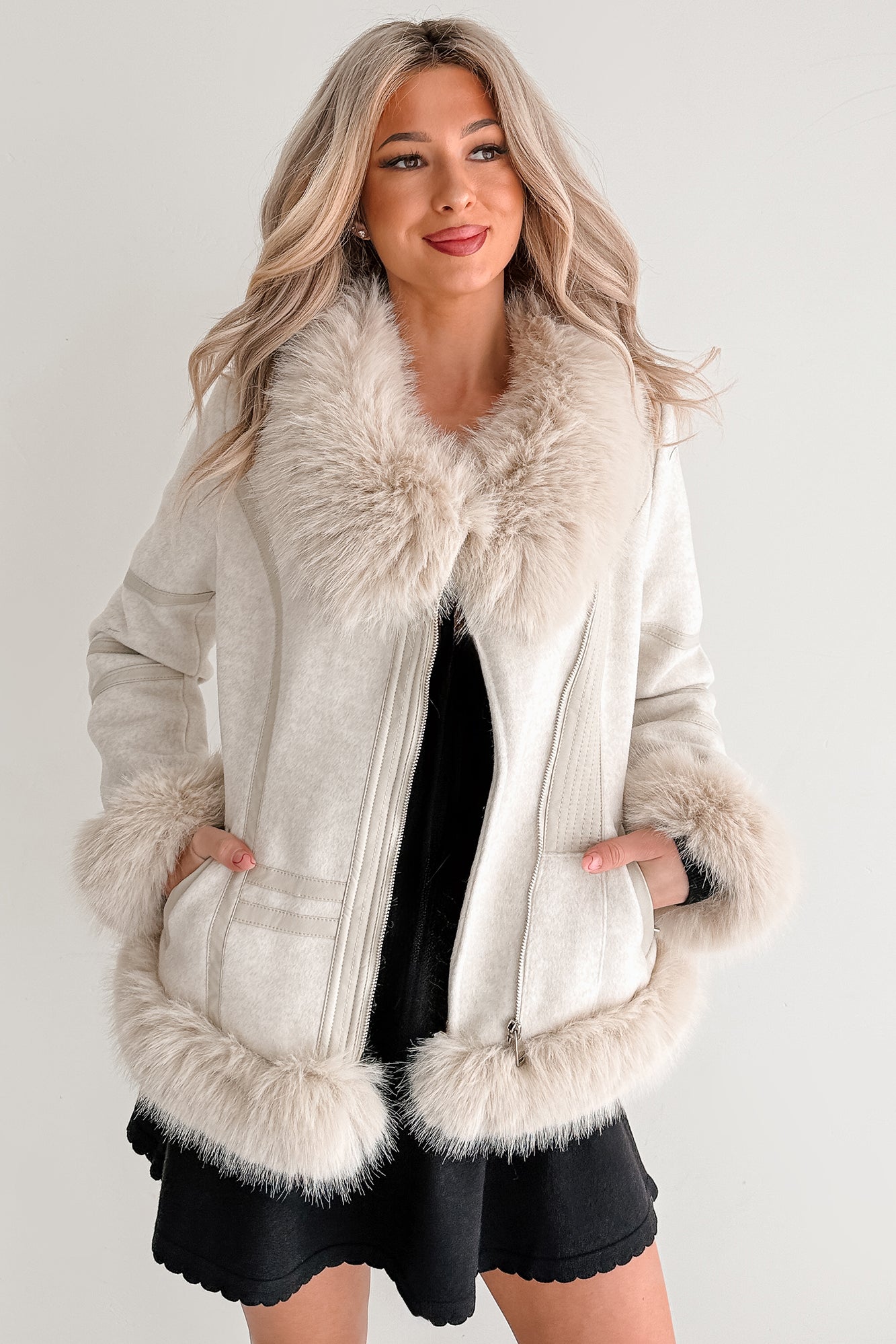 Chic Momentum Faux Fur Fleece Tie Coat (Oatmeal)