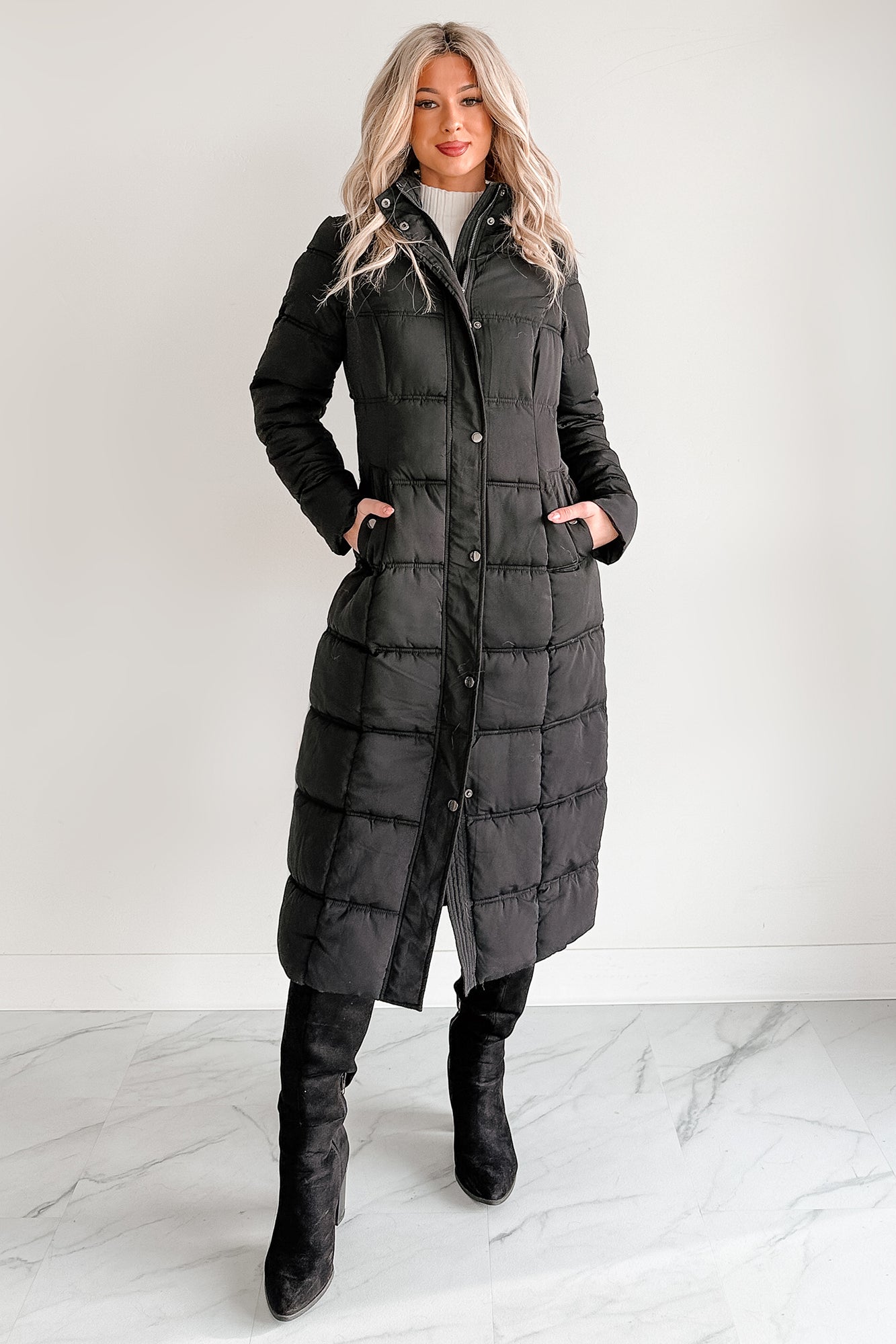 Winter Welcome Knee Length Puffer Coat (Black)