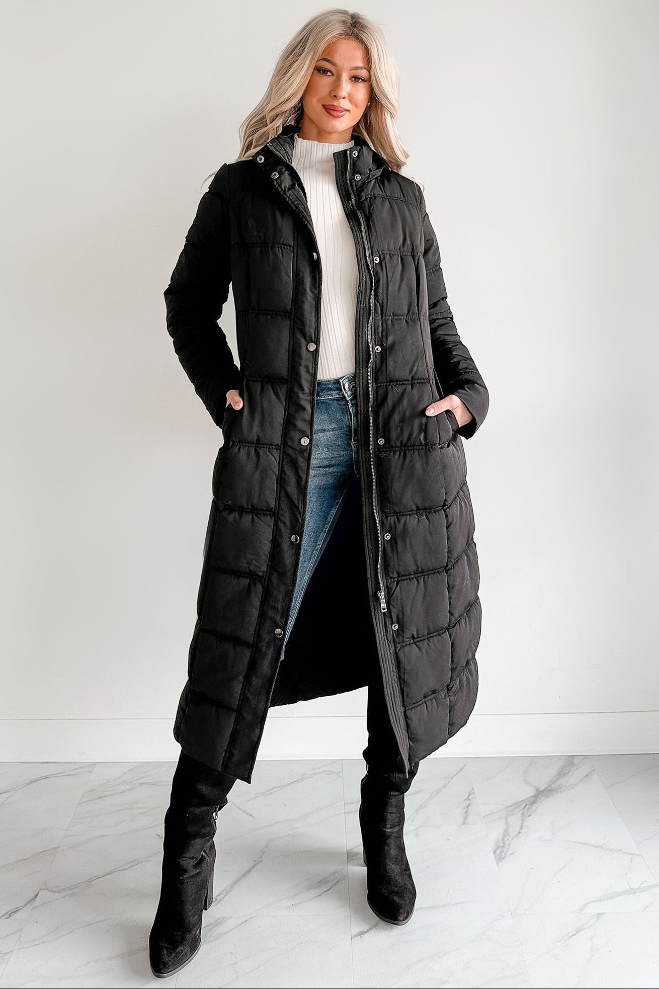 Winter Welcome Knee Length Puffer Coat (Black)