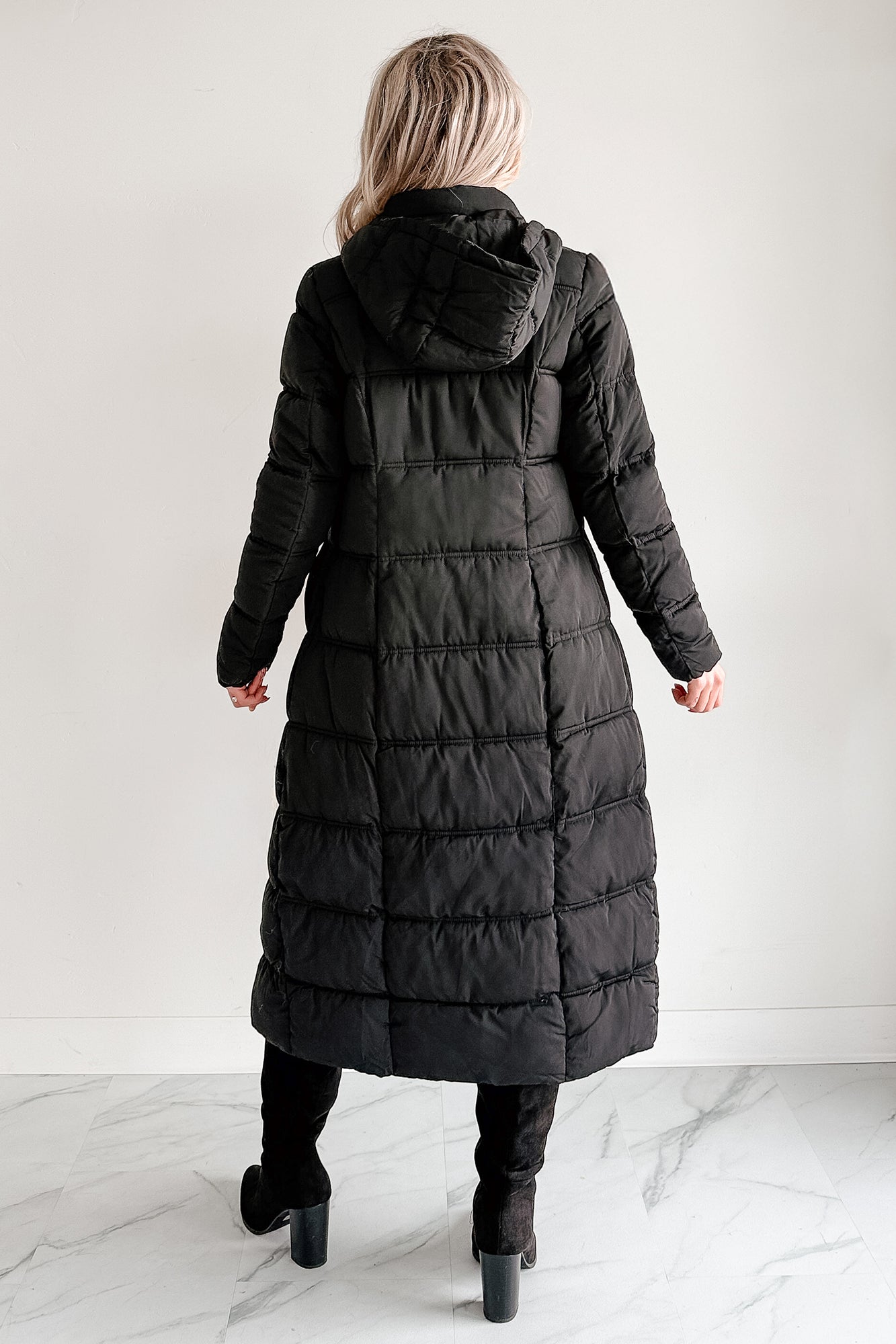 knee length puffer dress Winter Welcome Knee Length Puffer Coat (Black)
