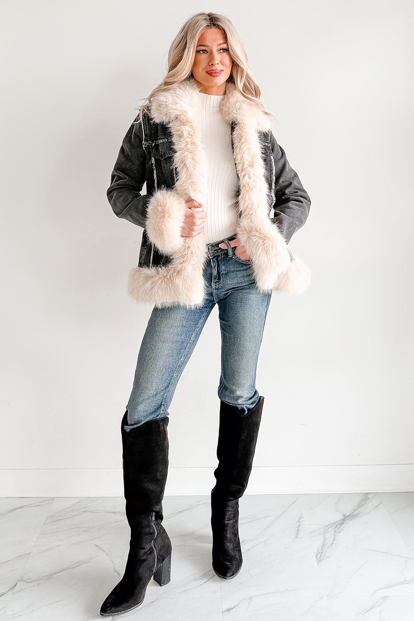 Daring Daily Faux Fur Trim Denim Coat (Black/Beige) · NanaMacs