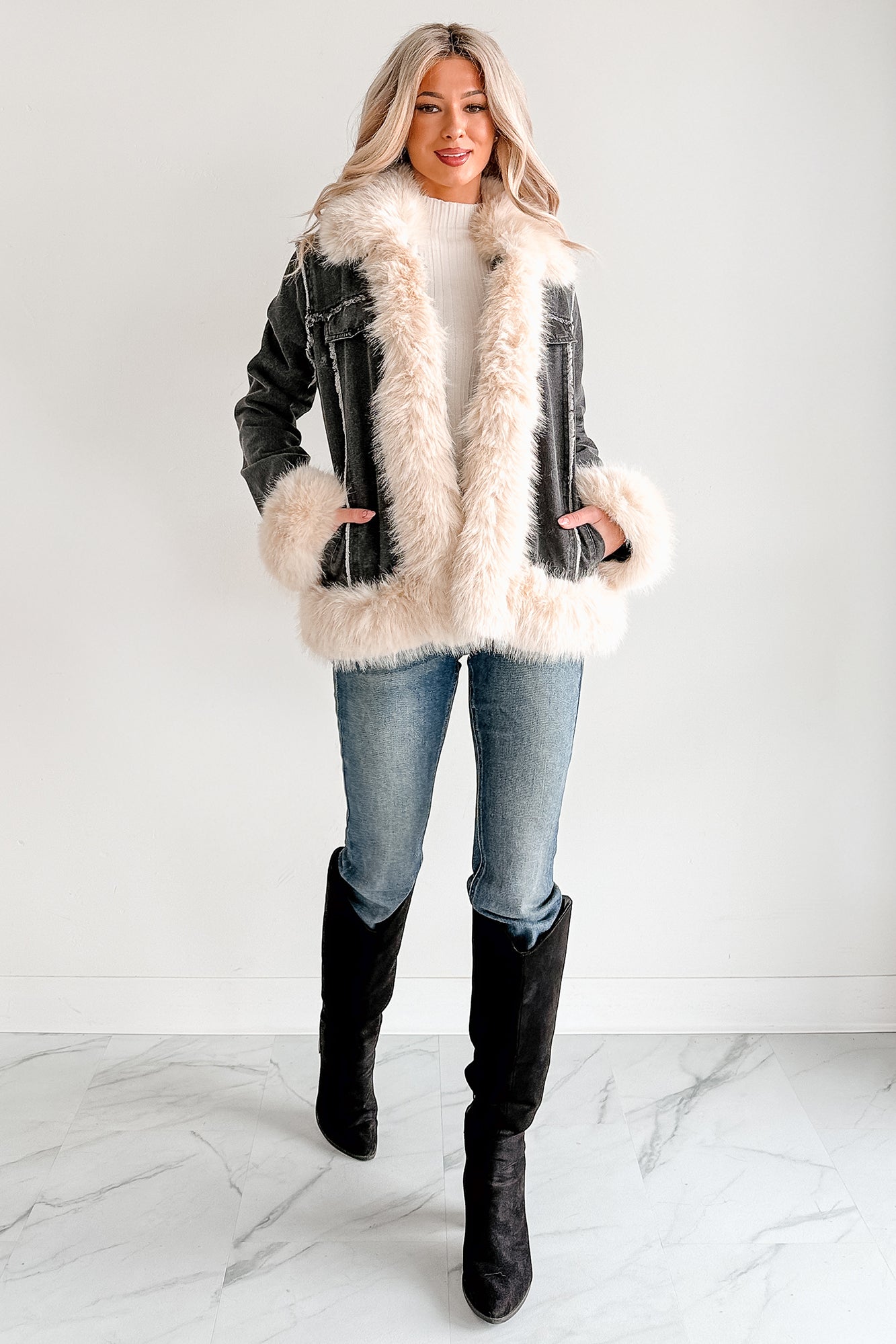 Daring Daily Faux Fur Trim Denim Coat (Black/Beige) · NanaMacs