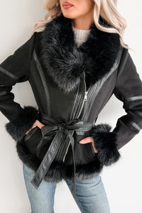Chic Momentum Faux Fur Fleece Tie Coat (Black)