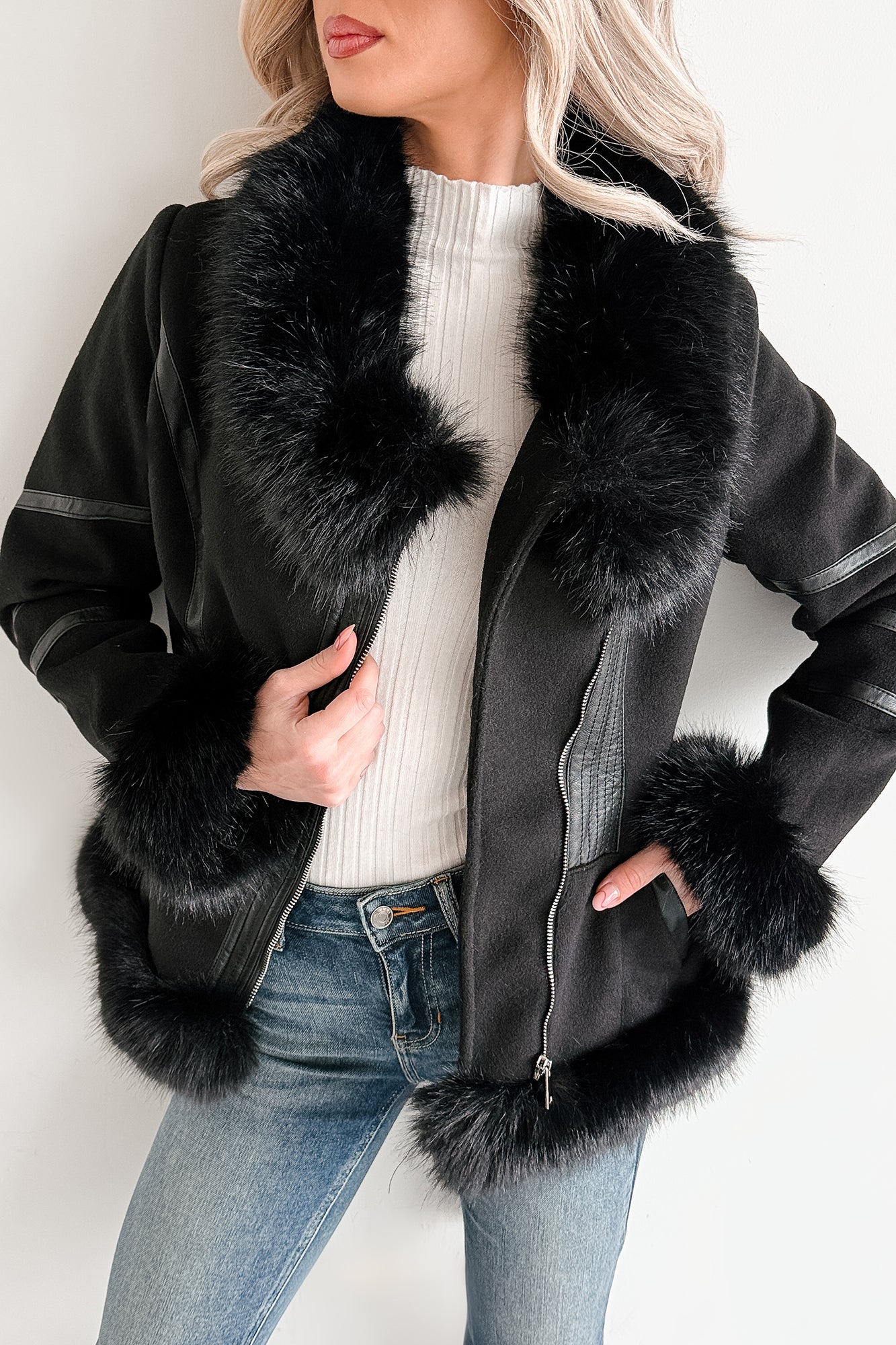Chic Momentum Faux Fur Fleece Tie Coat (Black)