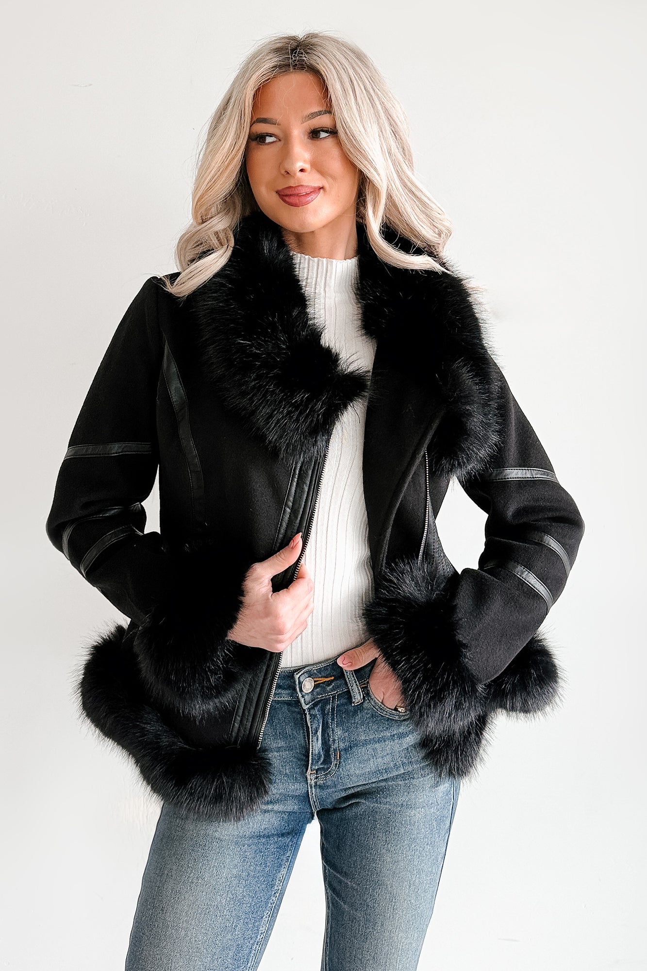 Chic Momentum Faux Fur Fleece Tie Coat (Black)