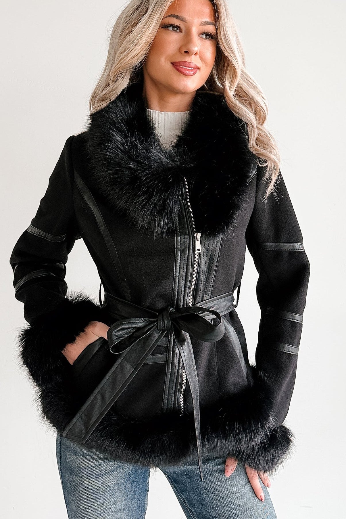 Chic Momentum Faux Fur Fleece Tie Coat (Black) · NanaMacs
