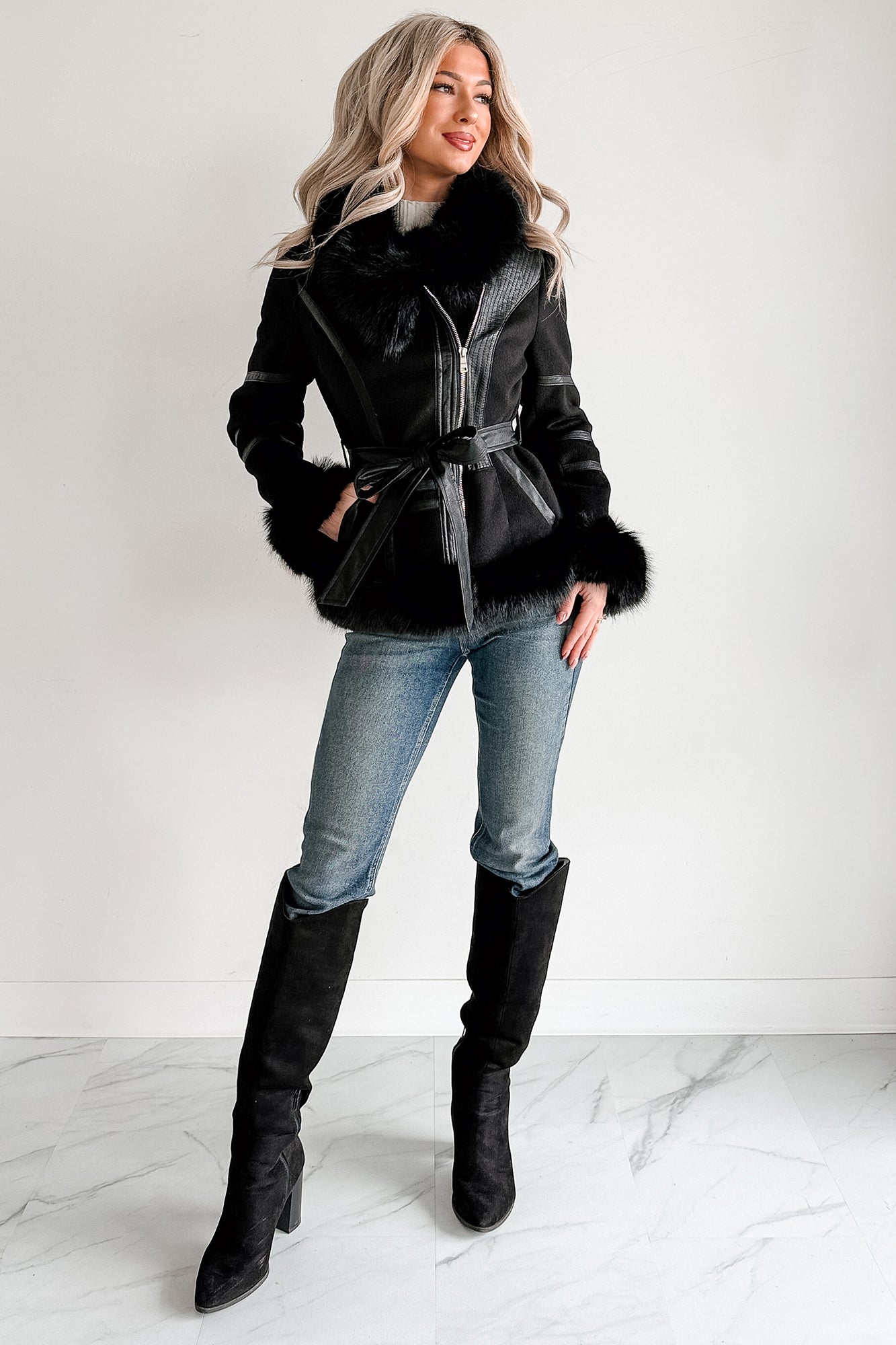 Chic Momentum Faux Fur Fleece Tie Coat (Black) · NanaMacs