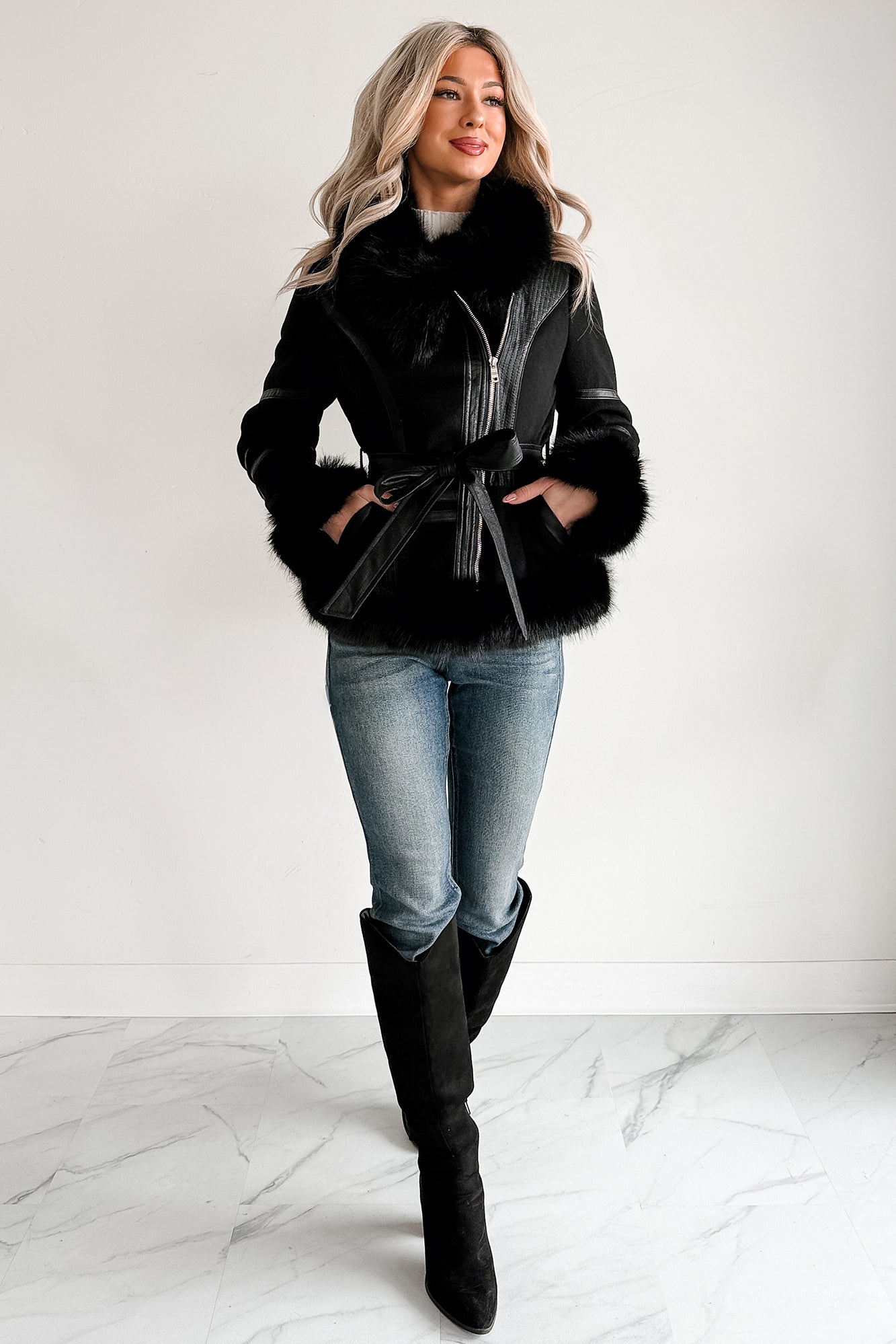 Chic Momentum Faux Fur Fleece Tie Coat (Black)