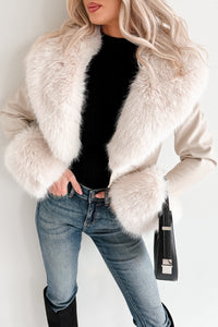 Frosted Elegance Faux Fur Trim Faux Leather Jacket (Cream)