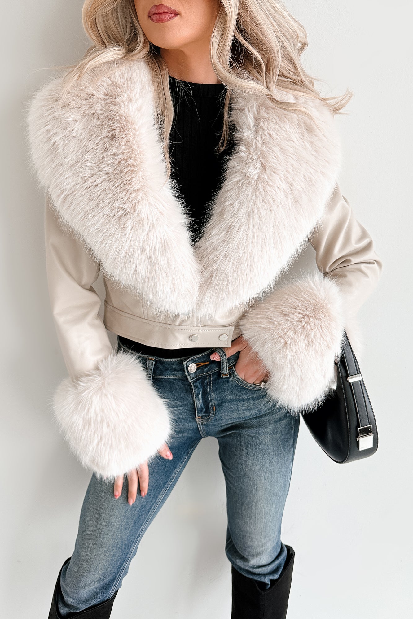 Frosted Elegance Faux Fur Trim Faux Leather Jacket (Cream) · NanaMacs