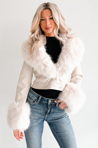 Frosted Elegance Faux Fur Trim Faux Leather Jacket (Cream)