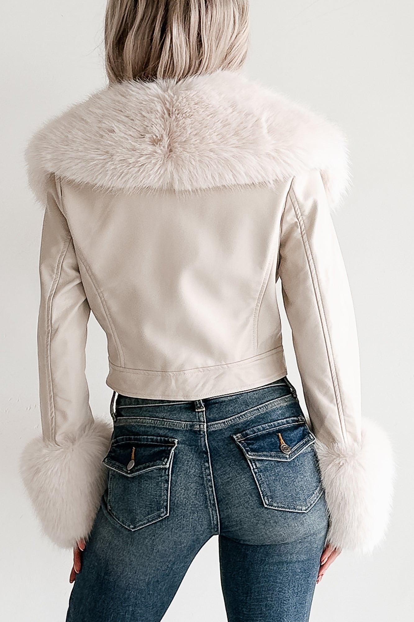 Frosted Elegance Faux Fur Trim Faux Leather Jacket (Cream)