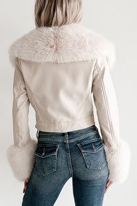 Frosted Elegance Faux Fur Trim Faux Leather Jacket (Cream)