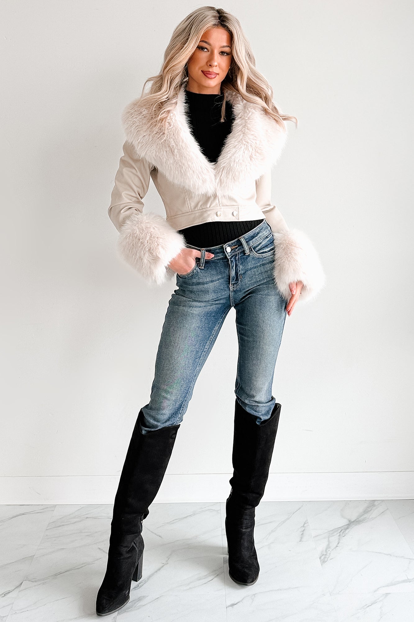 Frosted Elegance Faux Fur Trim Faux Leather Jacket (Cream)