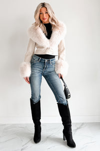 Frosted Elegance Faux Fur Trim Faux Leather Jacket (Cream)