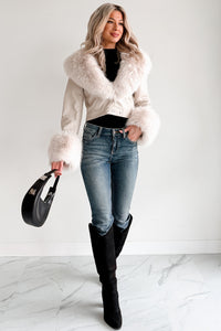 Frosted Elegance Faux Fur Trim Faux Leather Jacket (Cream)