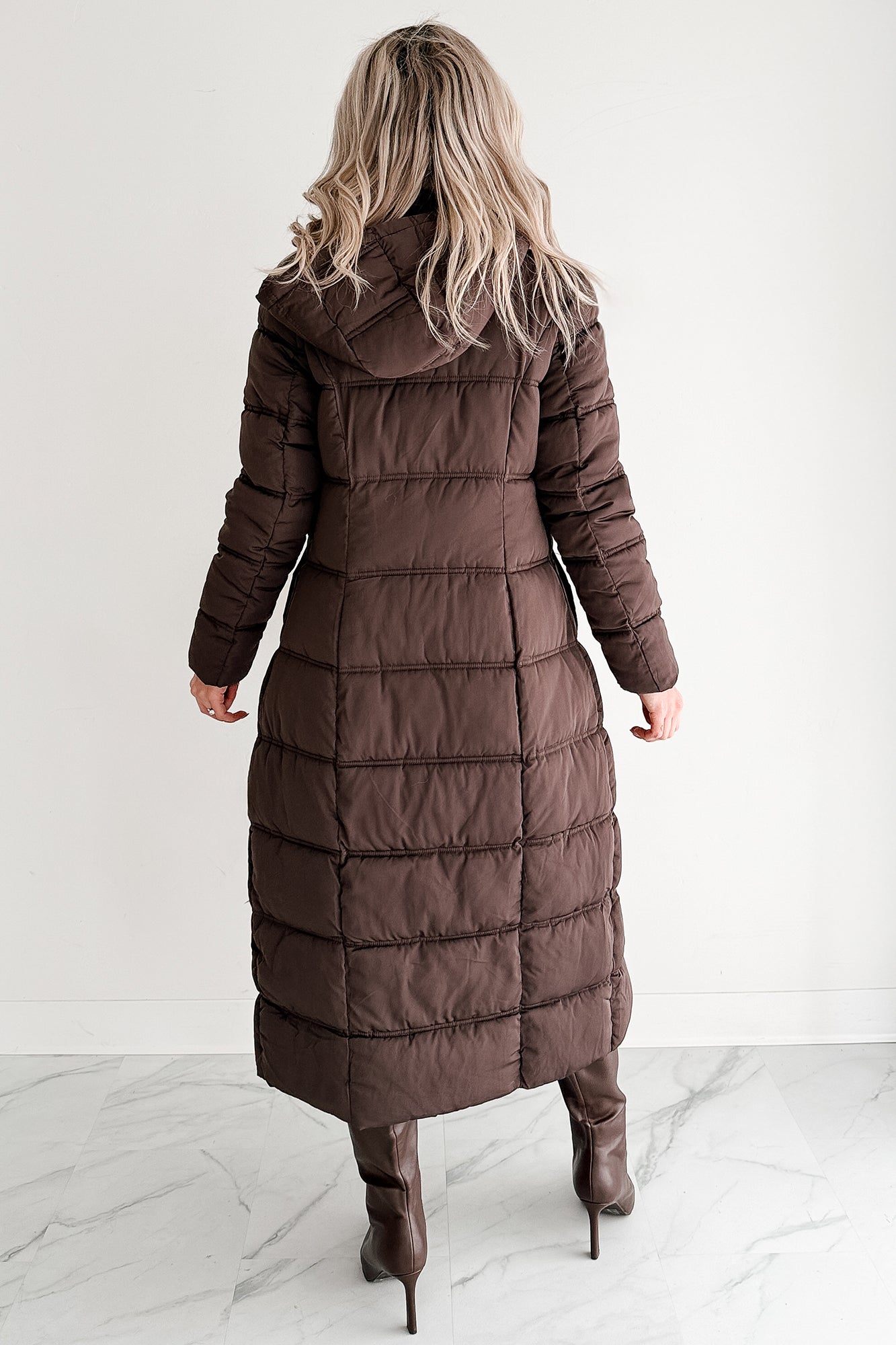 Winter Welcome Knee Length Puffer Coat (Chocolate)