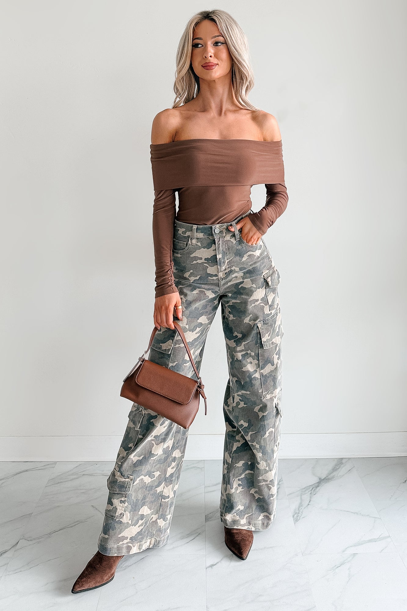 Play Your Game Off-The Shoulder Top (Brown)