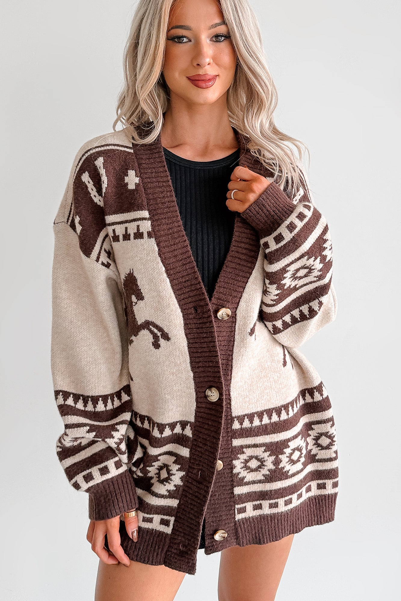 Wild Wrangler Western Graphic Sweater Cardigan (Taupe) - NanaMacs