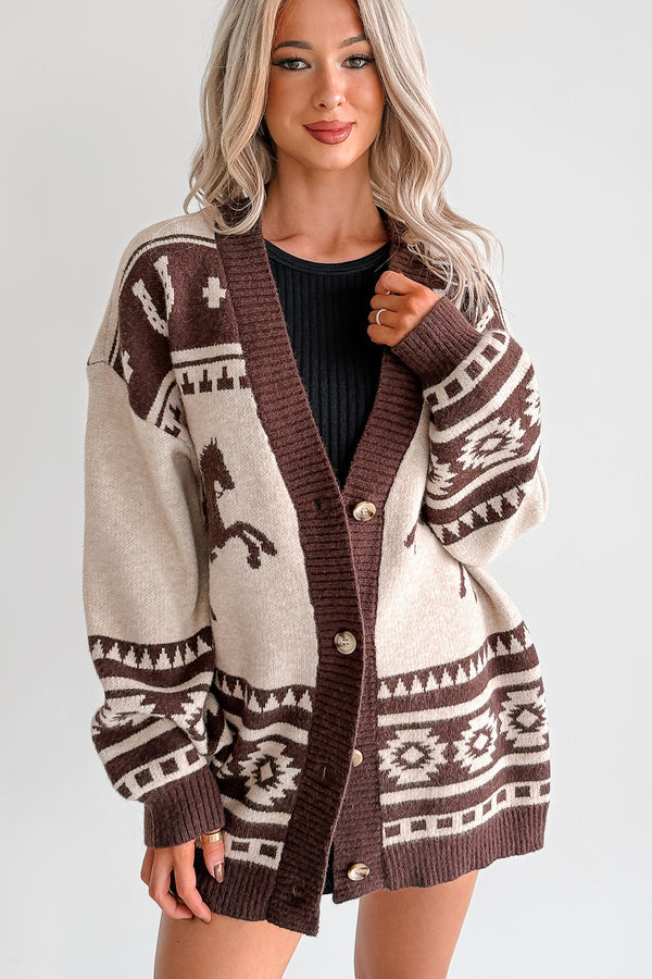 Wild Wrangler Western Graphic Sweater Cardigan (Taupe)