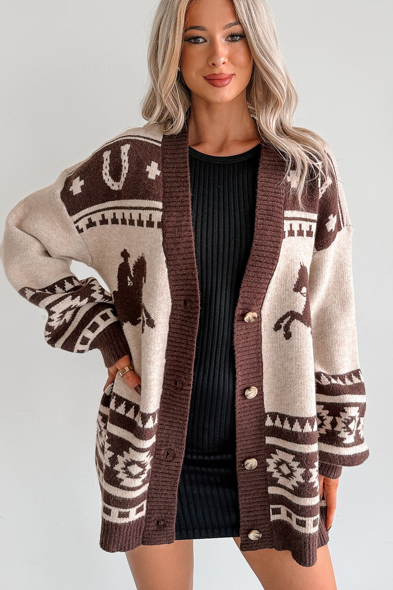 Wild Wrangler Western Graphic Sweater Cardigan (Taupe) - NanaMacs