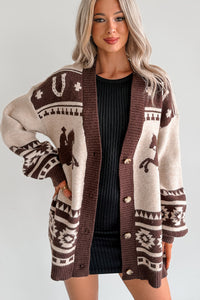 Wild Wrangler Western Graphic Sweater Cardigan (Taupe) - NanaMacs