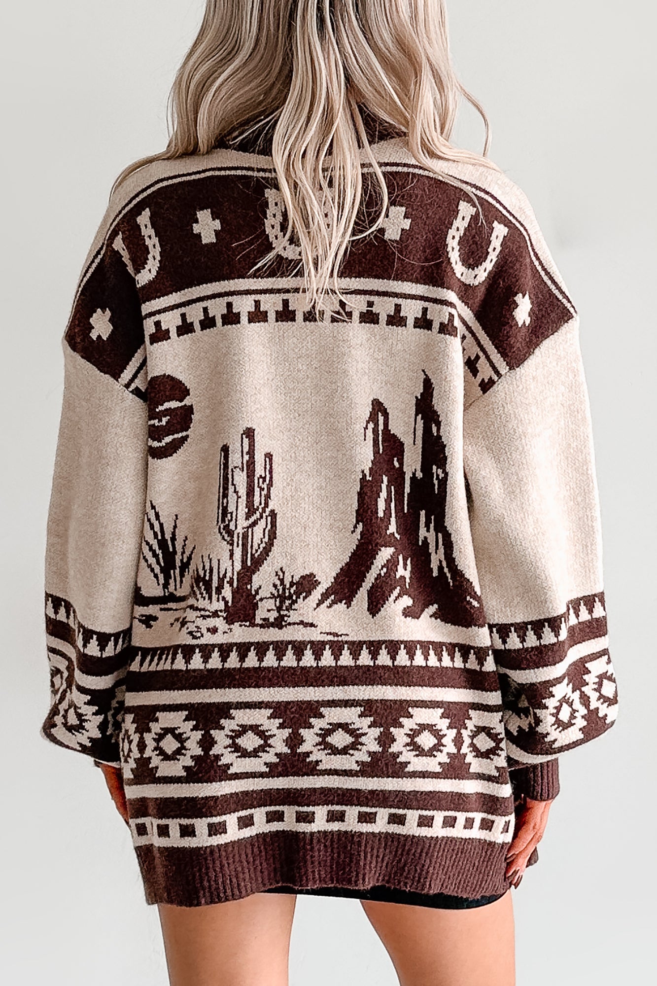 Wild Wrangler Western Graphic Sweater Cardigan (Taupe) - NanaMacs