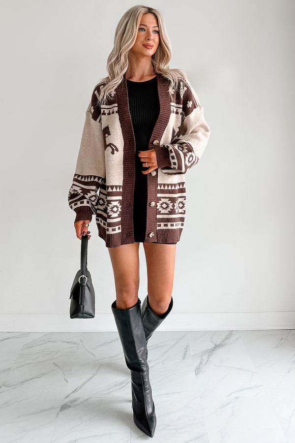 Wild Wrangler Western Graphic Sweater Cardigan (Taupe)