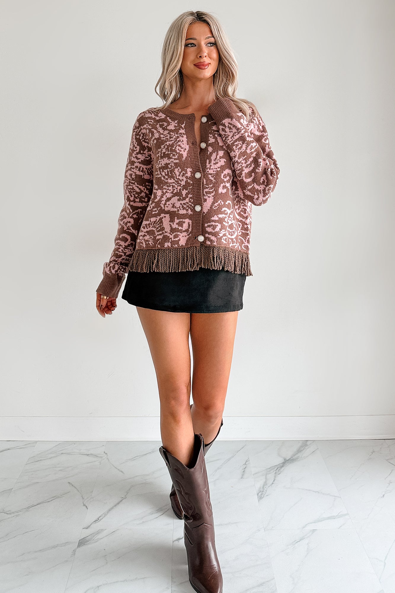 All I Really Want Floral Print Fringe Hem Cardigan (Mocha/Pink) - NanaMacs