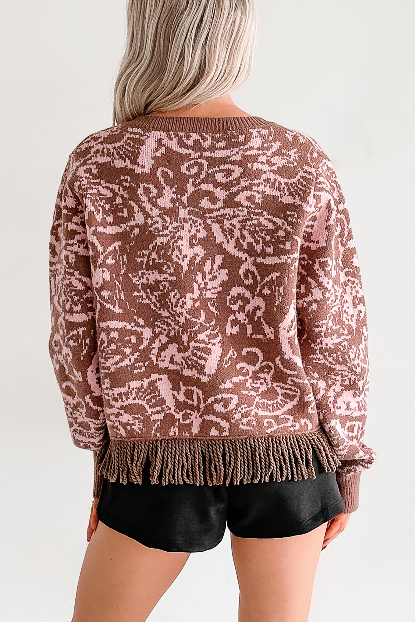All I Really Want Floral Print Fringe Hem Cardigan (Mocha/Pink) - NanaMacs