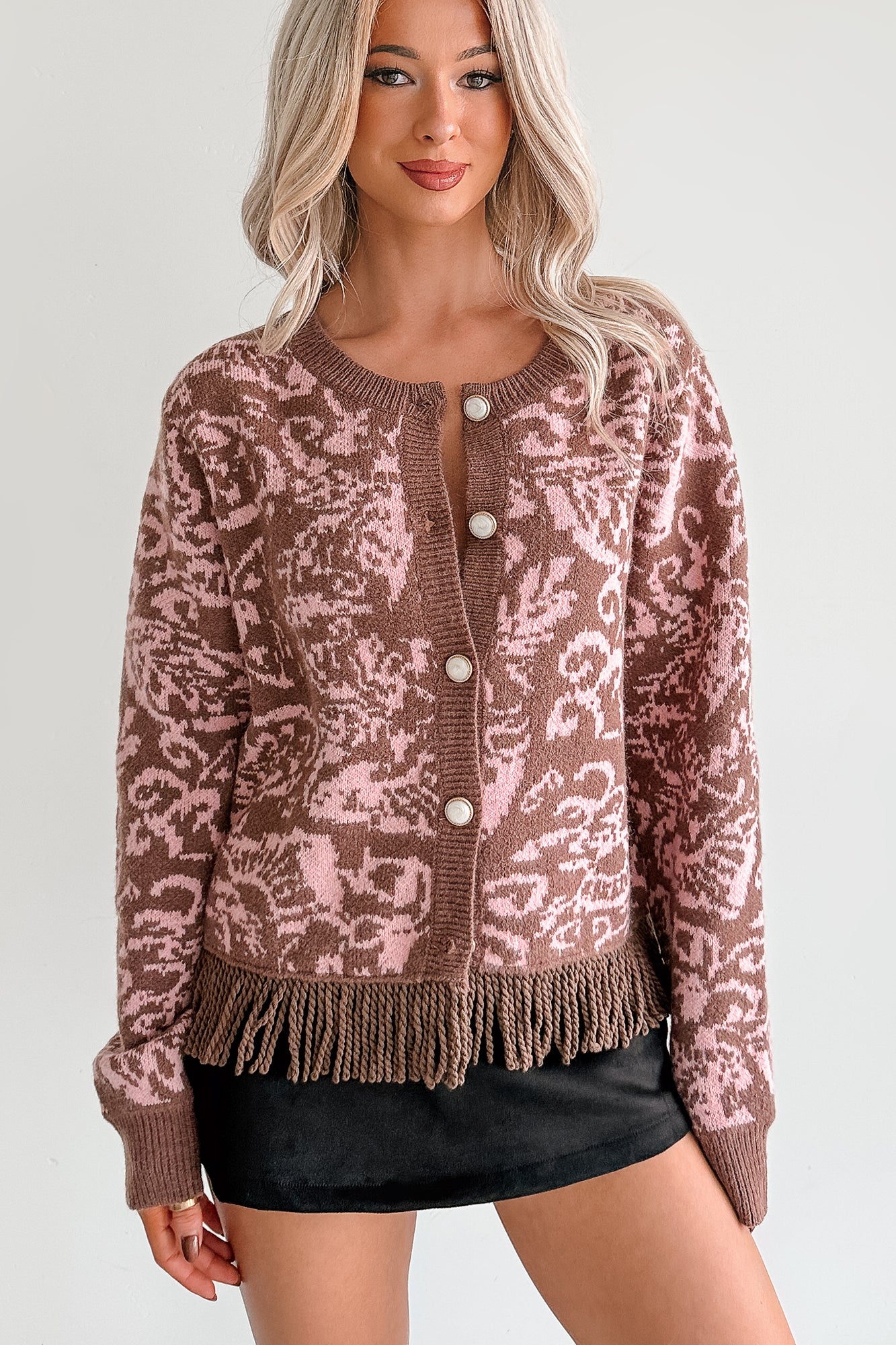 All I Really Want Floral Print Fringe Hem Cardigan (Mocha/Pink) - NanaMacs