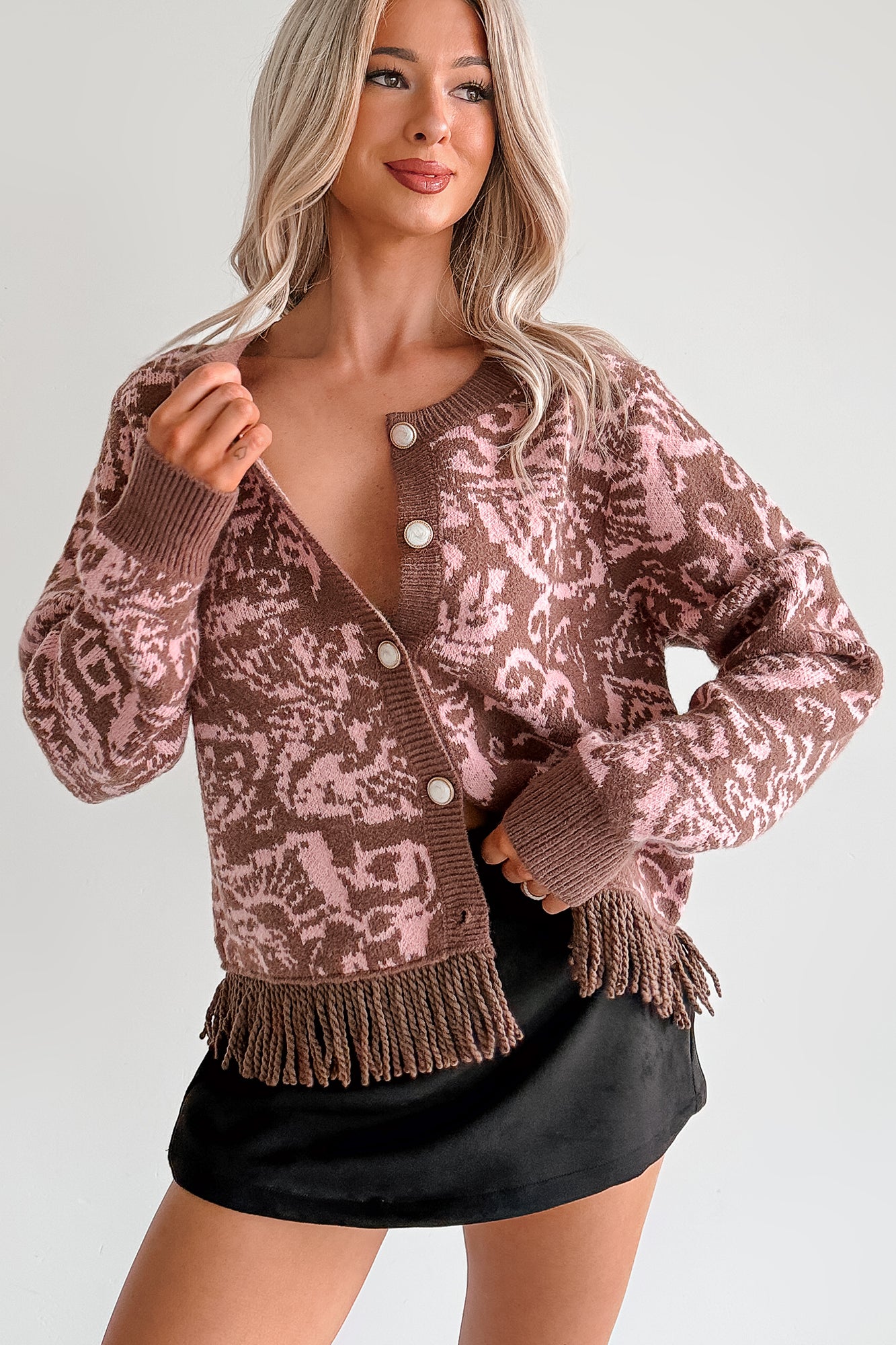 All I Really Want Floral Print Fringe Hem Cardigan (Mocha/Pink) - NanaMacs