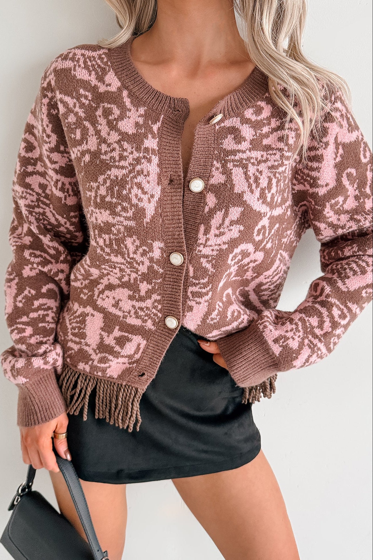 All I Really Want Floral Print Fringe Hem Cardigan (Mocha/Pink) - NanaMacs