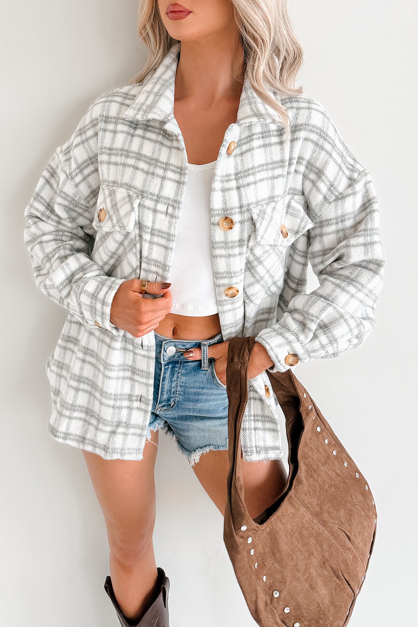 Laid Back Life Plaid Long Sleeve Shacket (Heather Grey) - NanaMacs