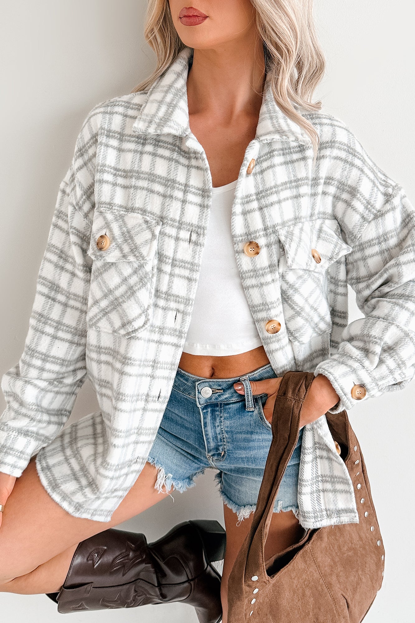 Laid Back Life Plaid Long Sleeve Shacket (Heather Grey) - NanaMacs