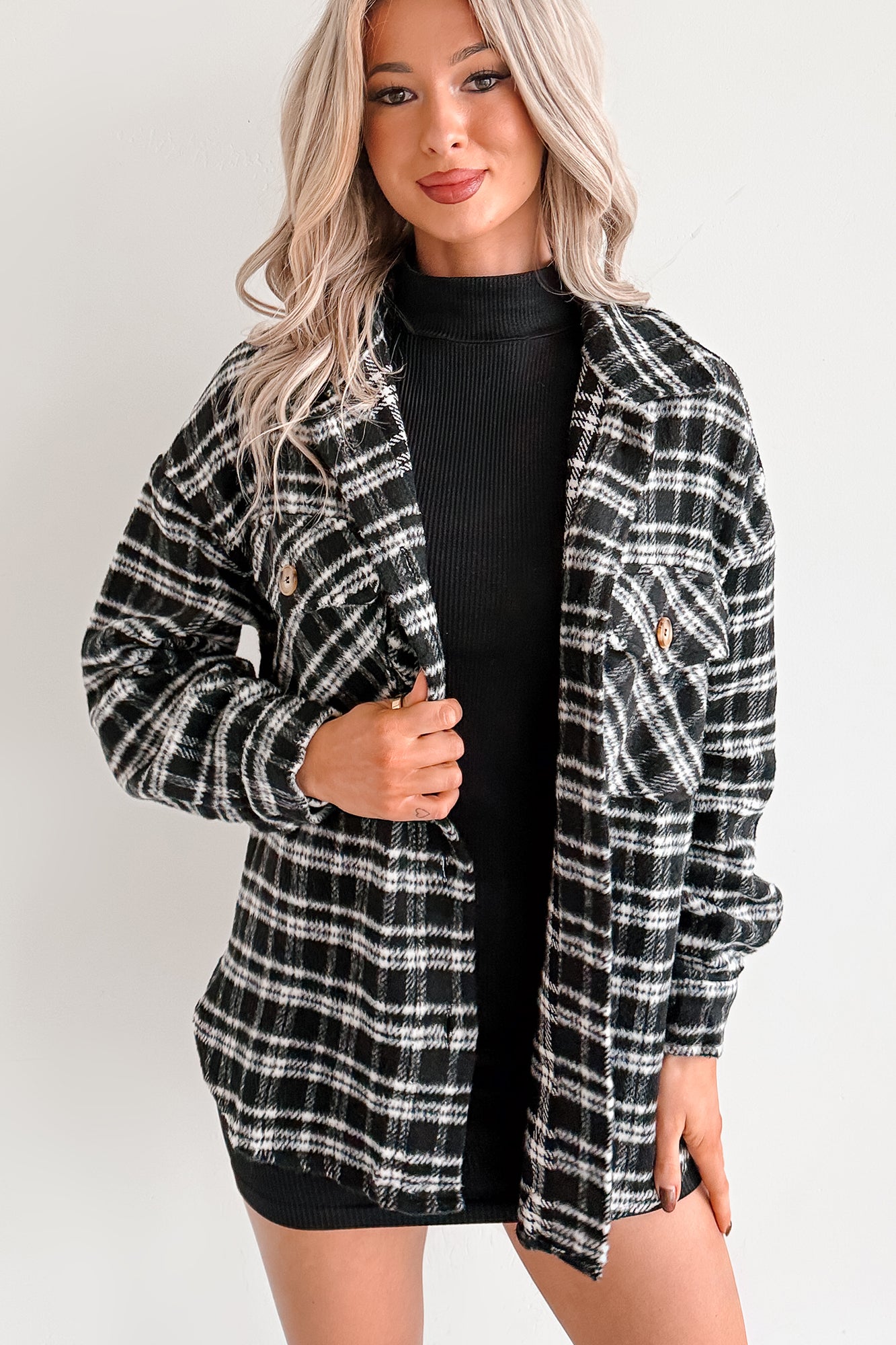 Laid Back Life Plaid Long Sleeve Shacket (Black) - NanaMacs