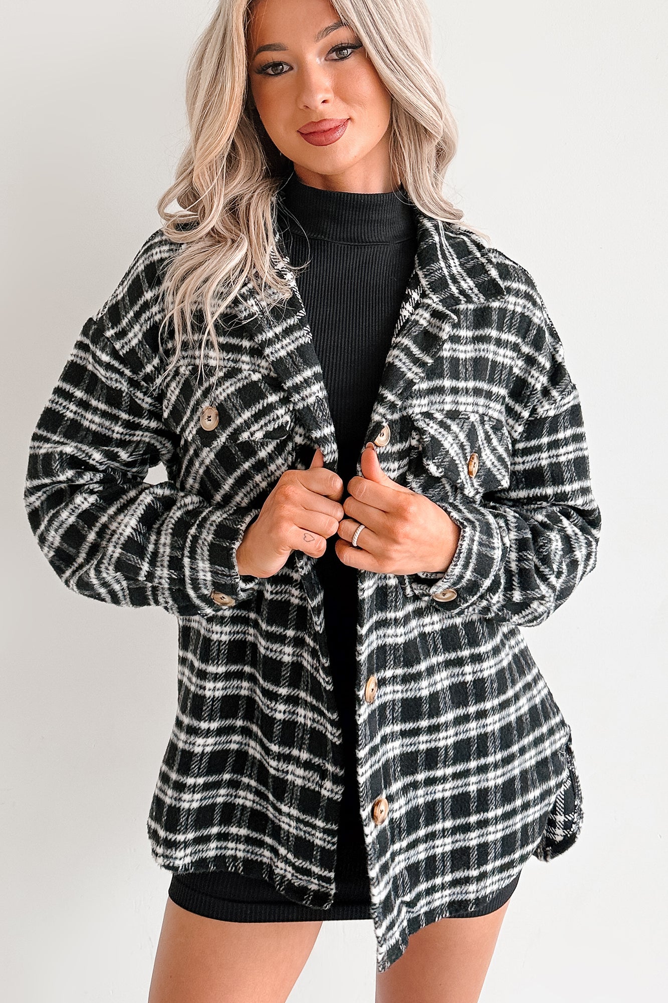 Laid Back Life Plaid Long Sleeve Shacket (Black) - NanaMacs