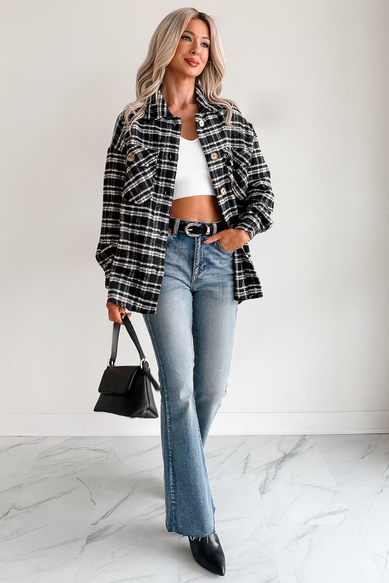 Laid Back Life Plaid Long Sleeve Shacket (Black) - NanaMacs