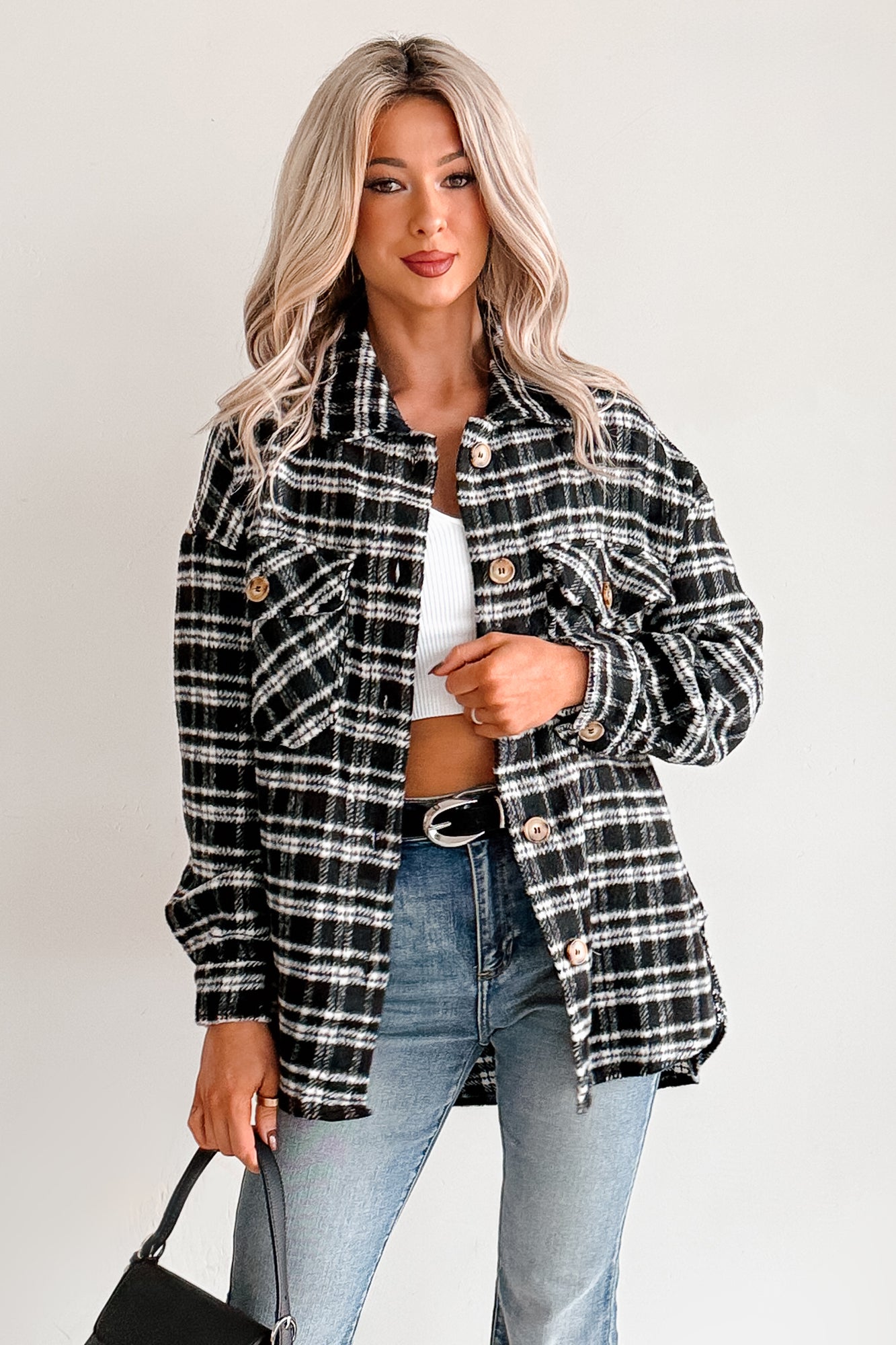 Laid Back Life Plaid Long Sleeve Shacket (Black) - NanaMacs