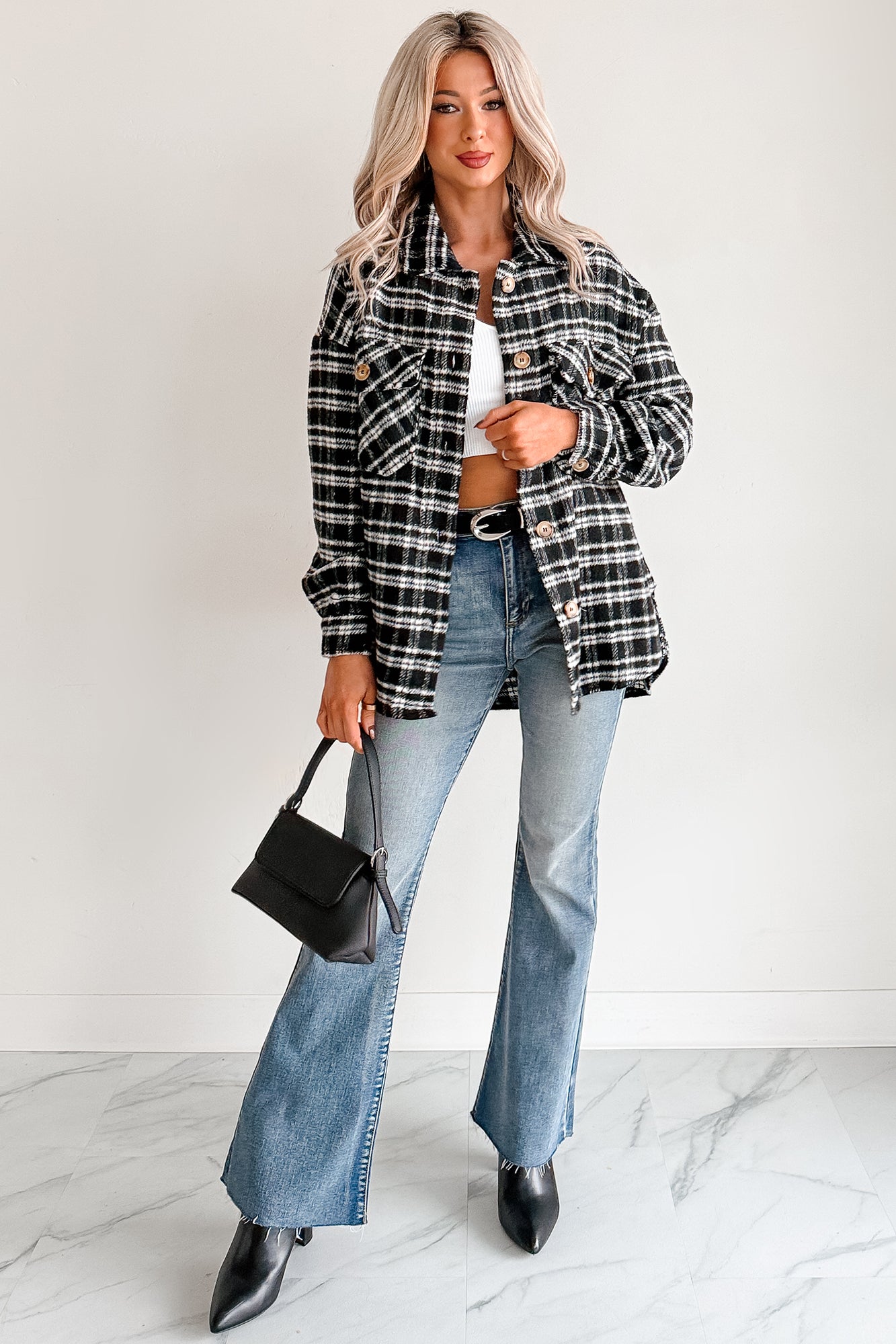 Laid Back Life Plaid Long Sleeve Shacket (Black) - NanaMacs