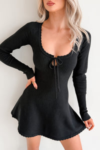 It Takes Two Long Sleeve Ribbed Mini Dress (Black)