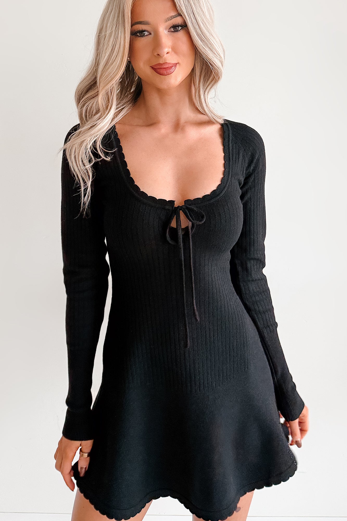 It Takes Two Long Sleeve Ribbed Mini Dress (Black)