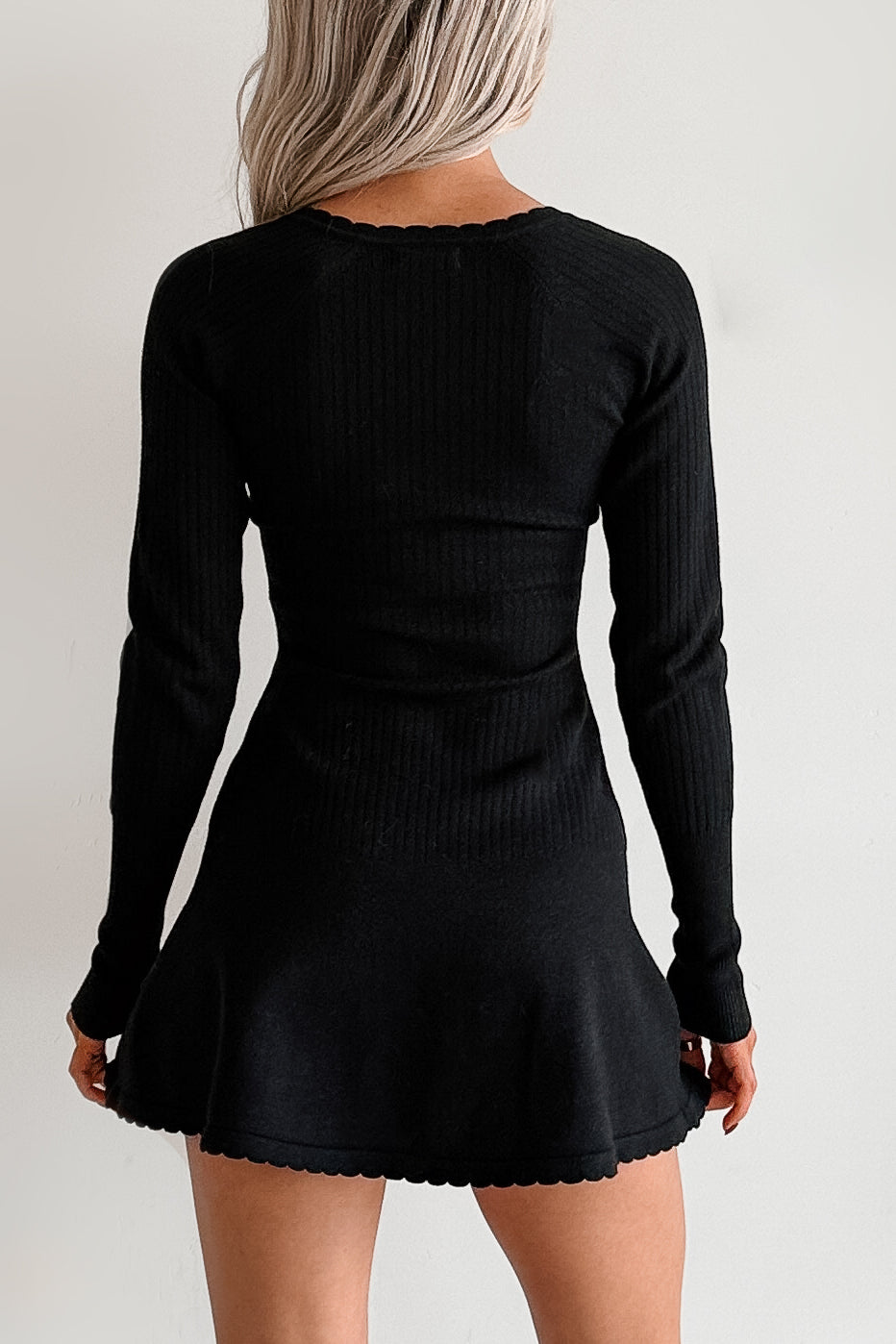 It Takes Two Long Sleeve Ribbed Mini Dress (Black)