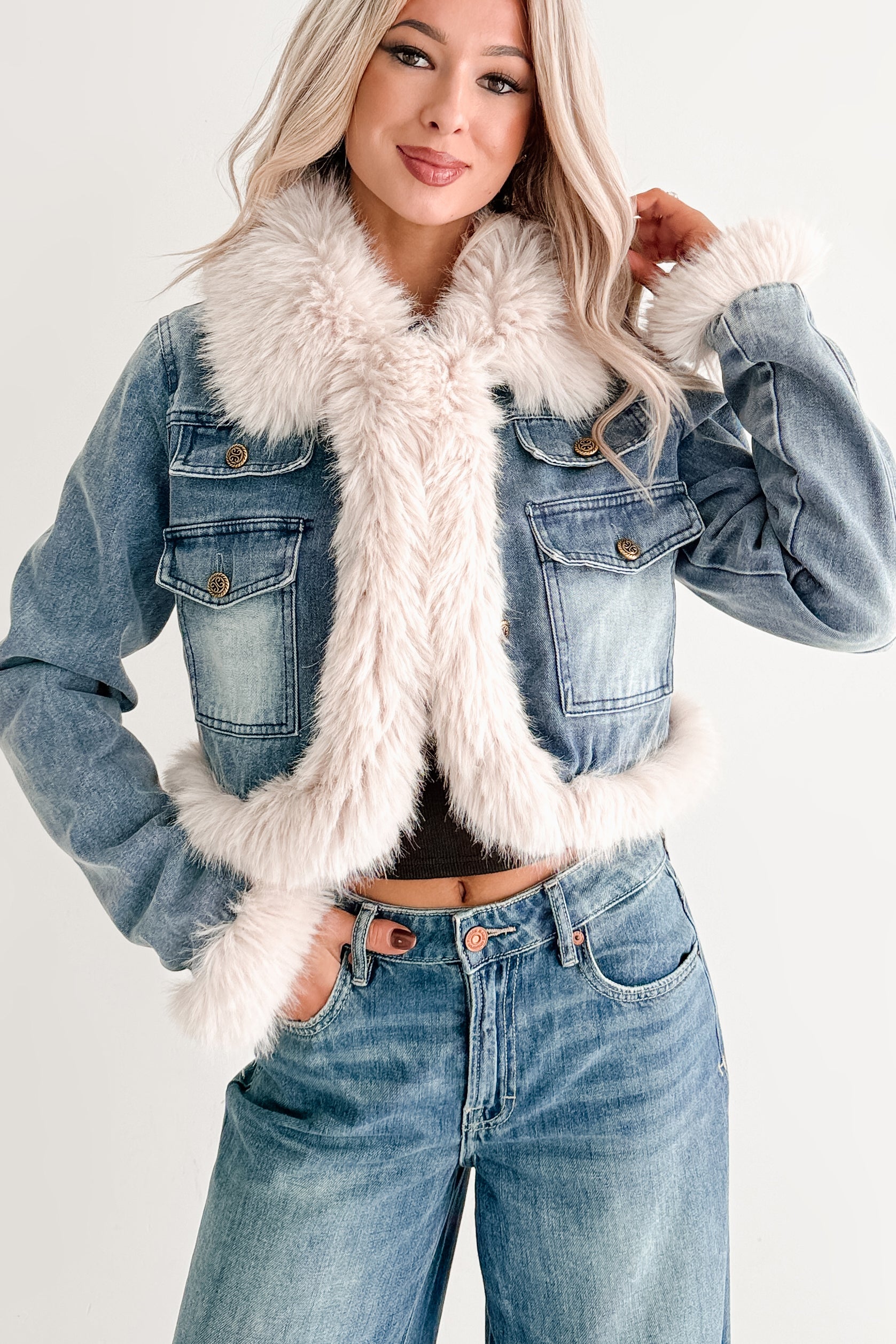 Rush Factor Faux Fur Trim Denim Crop Jacket (Denim Blue) · NanaMacs