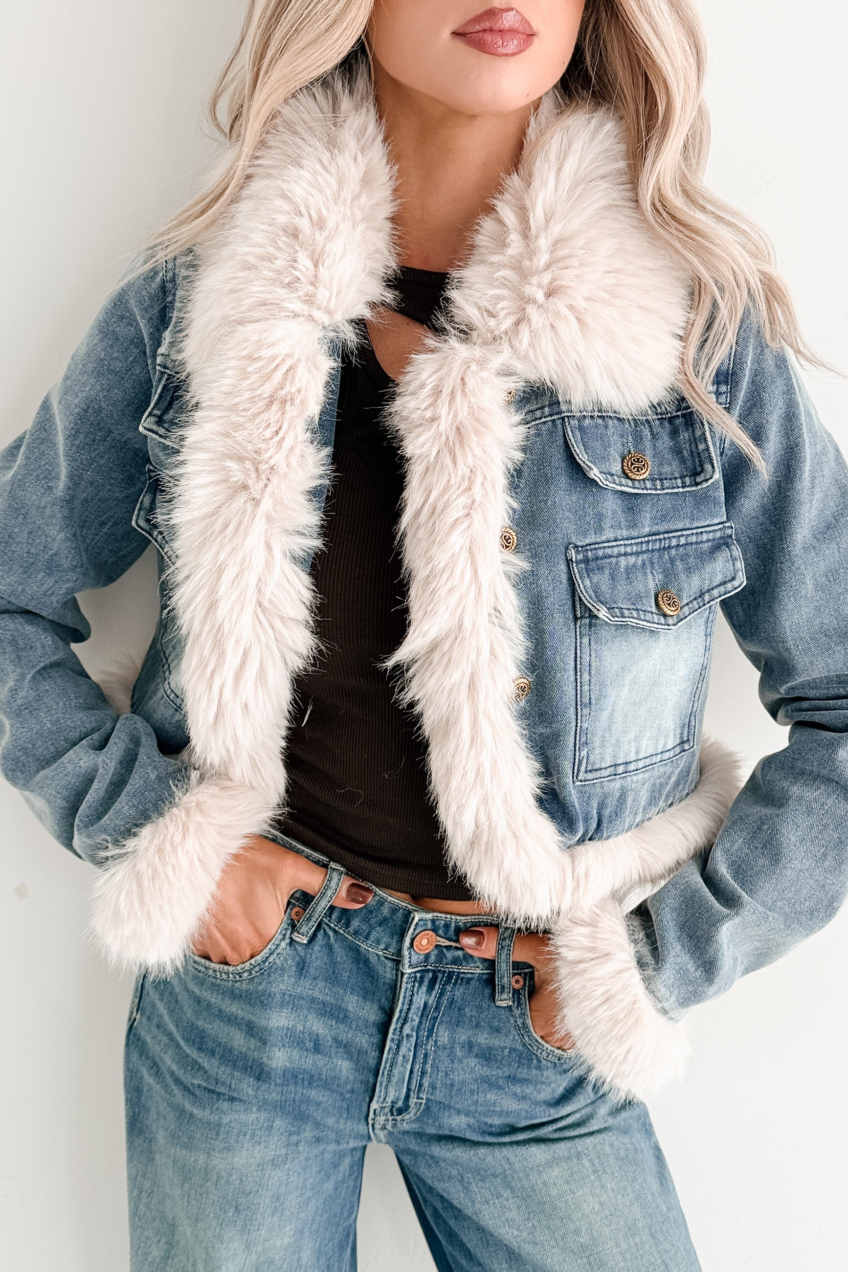 Rush Factor Faux Fur Trim Denim Crop Jacket (Denim Blue) · NanaMacs